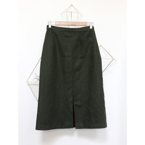 Vintage 80s Long Forest Green Wool Midi Skirt w/ Single Pocket, Olive Green - Picture 6 of 9